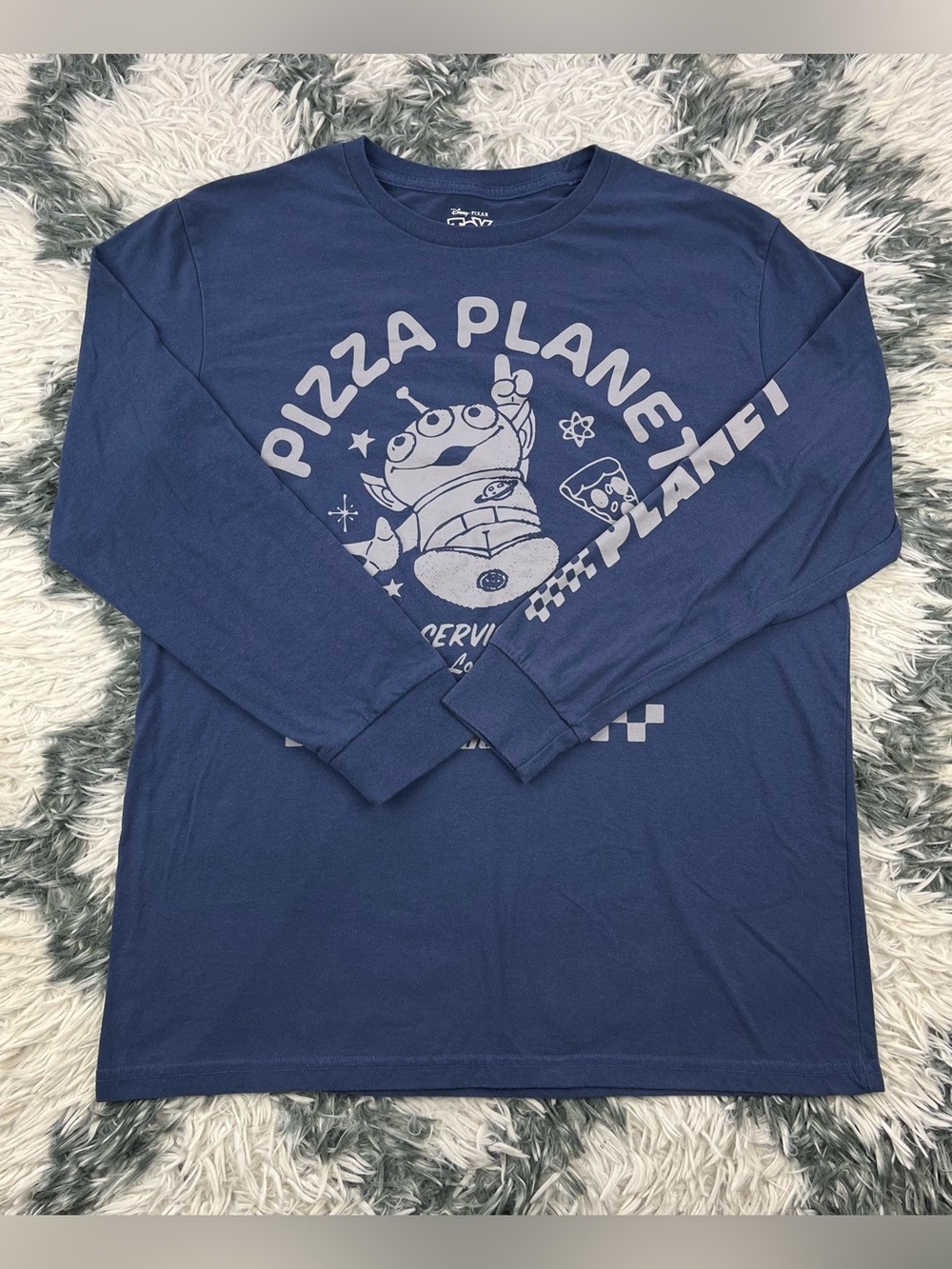 Disney Pixar Toy Story Men’s Blue Long Sleeve Pizza Planet Graphic T-shirt Med